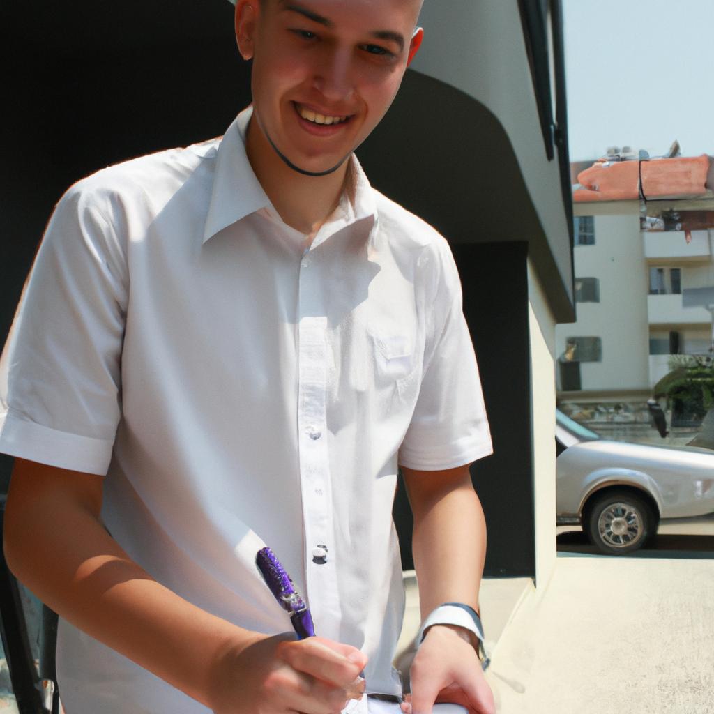 Person signing distribution contract, smiling