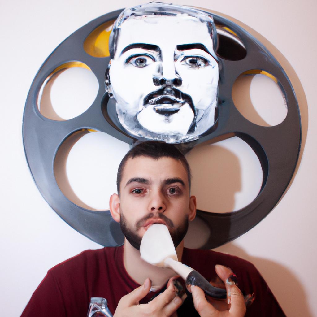 Person painting portrait with movie reel